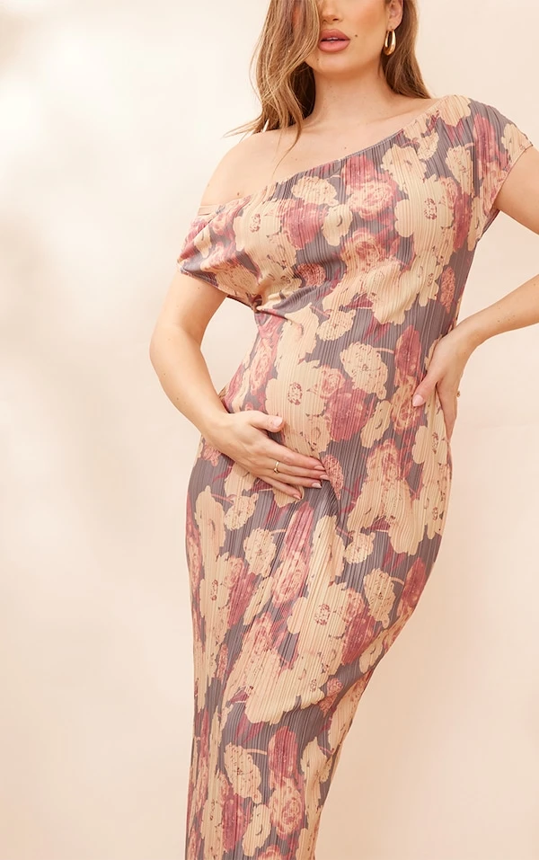 Logic Maternité Robe De Grossesse Longue Plissée Fleurie Marron à Col Bardot 6 Logic Maternité Robe De Grossesse Longue Plissée Fleurie Marron à Col Bardot – Image 4