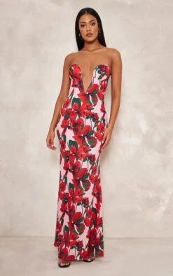 Robe Longue Fleurie Rose à Décolleté Plongeant