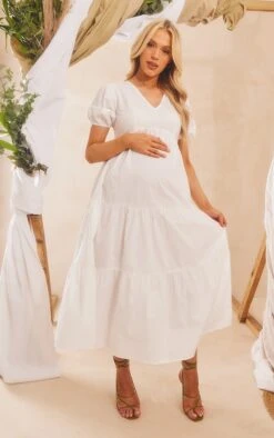 Maternité Robe De Grossesse Longue En Coton Blanc à étages