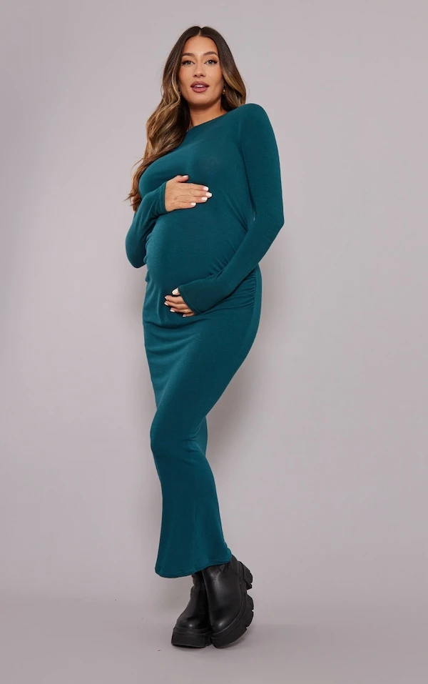 Maternité Robe Mi-longue De Grossesse Vert émeraude Froncée à Manches Longues 3 Maternité Robe Mi-longue De Grossesse Vert émeraude Froncée à Manches Longues