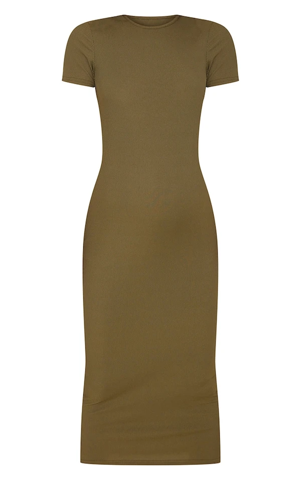 Maternité Robe De Grossesse Mi-longue Kaki Côtelée à Col Ras-du-cou 7 Maternité Robe De Grossesse Mi-longue Kaki Côtelée à Col Ras-du-cou – Image 5