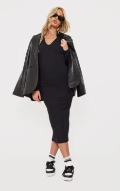 Tall Robe Mi-longue Style Polo Noire à Décolleté Plongeant