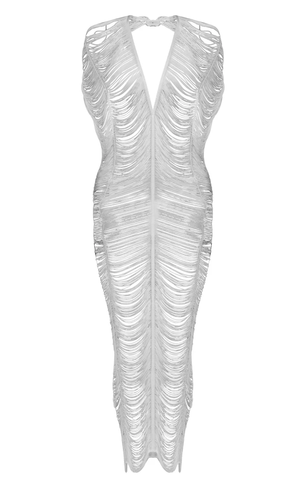 Robe De Plage Longue Blanche à Franges à Décolleté 7 Robe De Plage Longue Blanche à Franges à Décolleté – Image 5