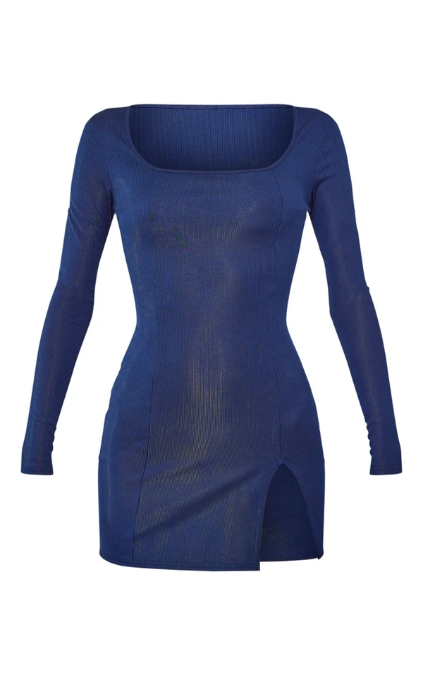 Tall Robe Moulante Fendue Bleu Marine Côtelée à Col Carré Et Manches Longues 7 Tall Robe Moulante Fendue Bleu Marine Côtelée à Col Carré Et Manches Longues – Image 5