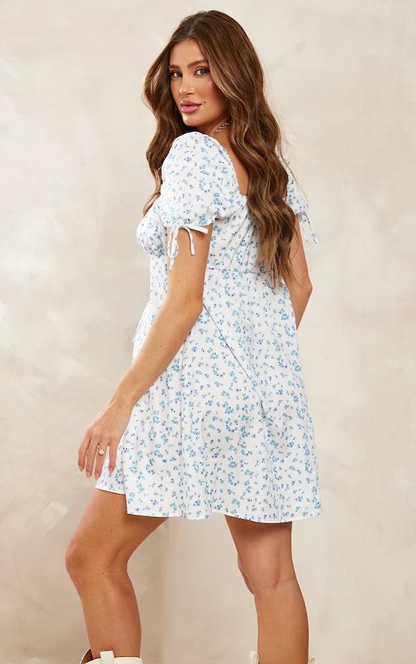 Maternité Robe De Grossesse Courte Bleue à Manches Courtes Et Petites Fleurs 4 Maternité Robe De Grossesse Courte Bleue à Manches Courtes Et Petites Fleurs – Image 2