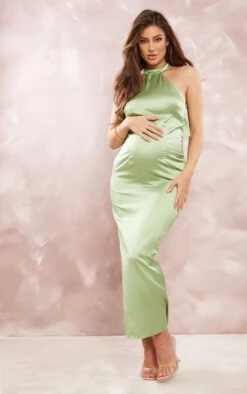 Maternité Robe Longue De Grossesse Satinée Sauge à Col Montant