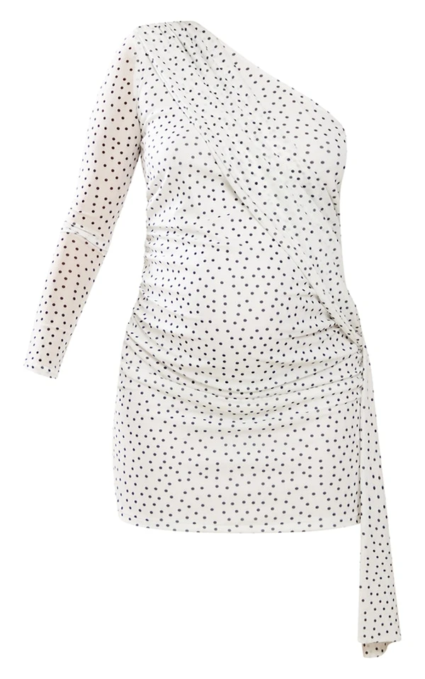 Maternité Mini Robe De Grossesse Asymétrique Blanche à Pois 7 Maternité Mini Robe De Grossesse Asymétrique Blanche à Pois – Image 5