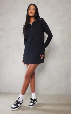Tall Robe Pull Oversize Noire Côtelée à Col Montant Et Demi Zip