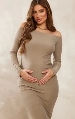 Maternité Robe De Grossesse Mi-longue Douce Taupe à épaules Dénudées -Logic || Diamond || Zero Soldes Boutique 20a10dd0e97bacaf6d412cae4c0f8988e4b08de9 cnd7228 4