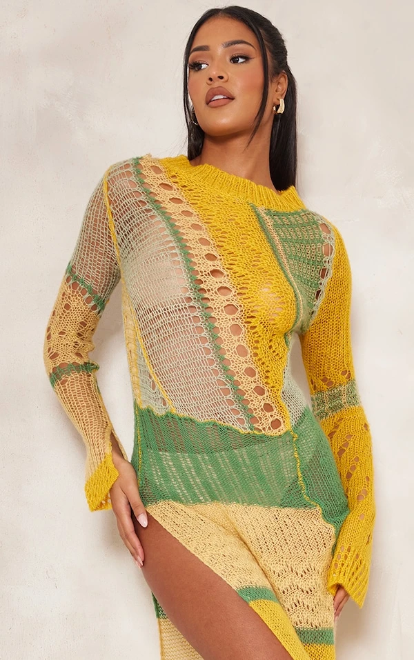 Tall Robe Longue Déchirée En Maille Tricot Ajourée Jaune à Fente Sur Le Côté 6 Tall Robe Longue Déchirée En Maille Tricot Ajourée Jaune à Fente Sur Le Côté – Image 4