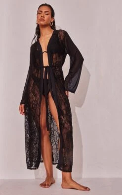 Robe De Chambre Longue En Dentelle Noire à Manches Volantées -Logic || Diamond || Zero Soldes Boutique 275d9b5021881229296a046464638314e0d0ab68 cne6070 3