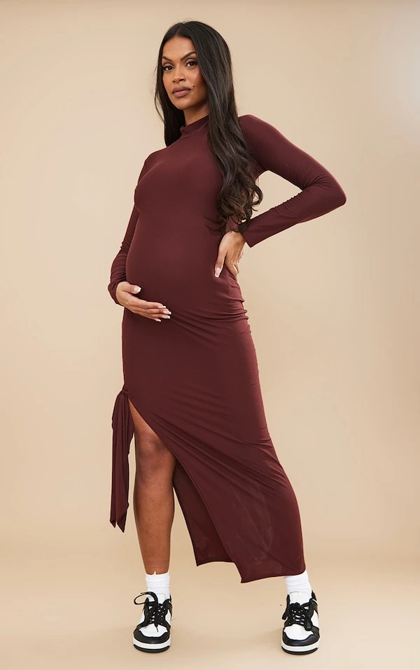 Maternité Robe De Grossesse Mi-longue Chocolat Douce Fendue Sur Le Côté 3 Maternité Robe De Grossesse Mi-longue Chocolat Douce Fendue Sur Le Côté