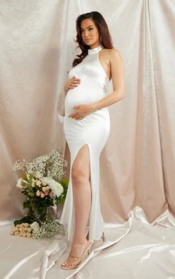 Maternité Robe De Grossesse Longue Blanche Moulante Style Disco à Dos Nu