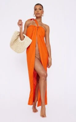 Robe De Plage Fluide Orange Brûlé Effet Lin Asymétrique