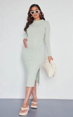 Logic Maternité Robe De Grossesse Mi-longue Côtelée Vert Sauge à Manches Longues