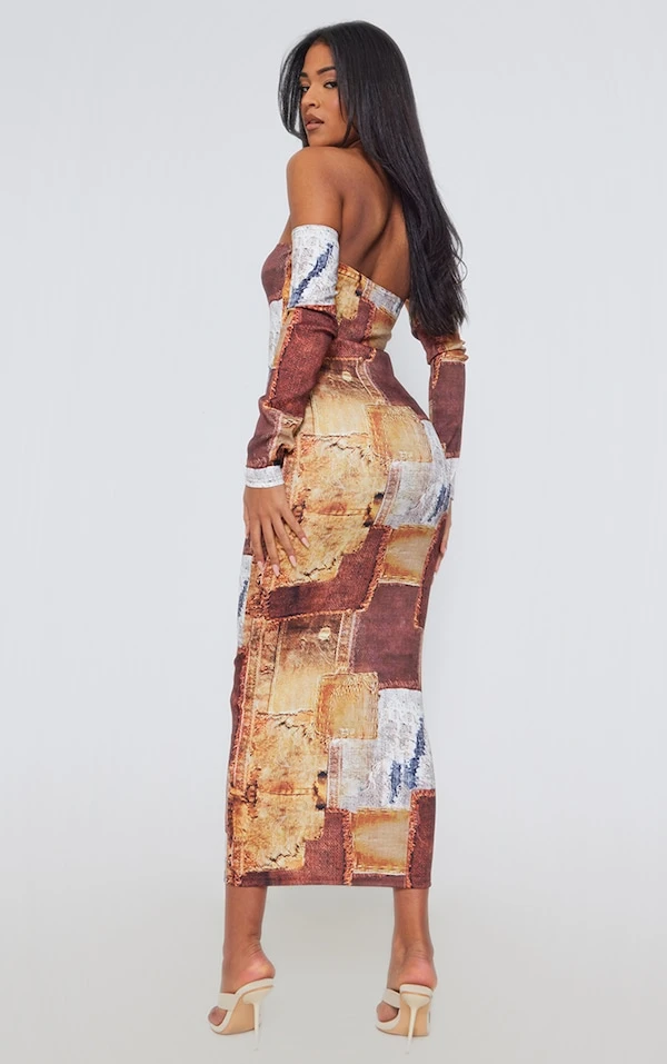 Tall Robe Mi-longue Marron à Imprimé Jean Et épaules Dénudées 4 Tall Robe Mi-longue Marron à Imprimé Jean Et épaules Dénudées – Image 2