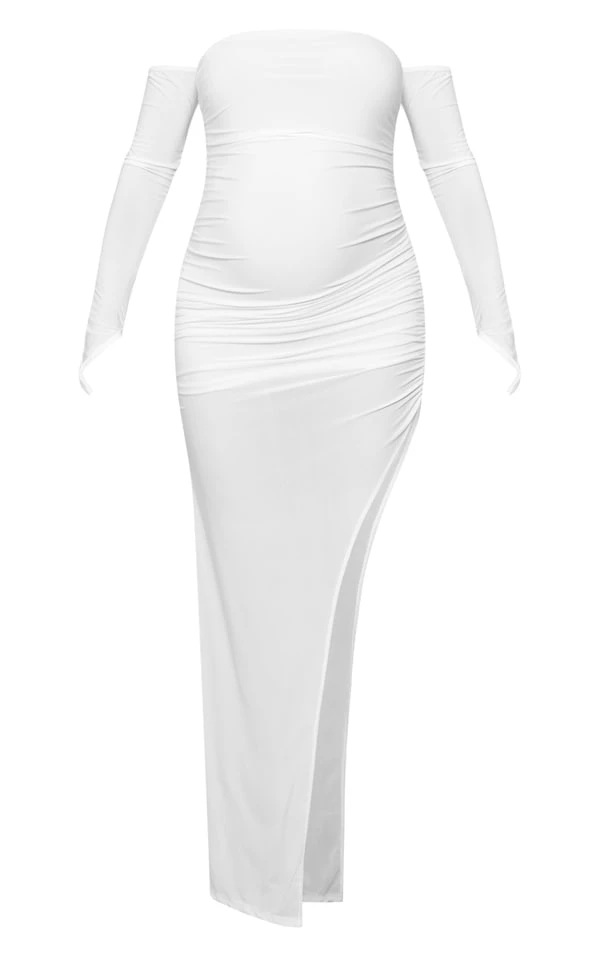 Maternité Robe De Grossesse Longue Moulante Crème Froncée à épaules Dénudées 6 Maternité Robe De Grossesse Longue Moulante Crème Froncée à épaules Dénudées – Image 4