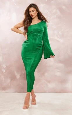 Maternité Robe De Grossesse Asymétrique Longue Verte Effet Plissé
