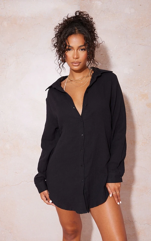 Diamond Robe Chemise De Plage Oversize Crêpée Douce Noire 3 Diamond Robe Chemise De Plage Oversize Crêpée Douce Noire