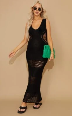Maternité Robe De Grossesse Longue En Maille Crochet Noire Ajourée Sur Les Côtés