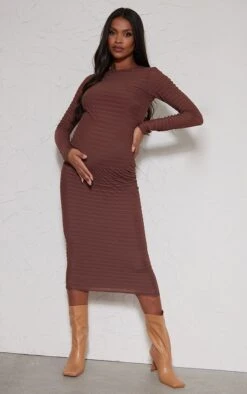 Maternité Robe De Grossesse Mi-longue Froncée Chocolat à Manches Longues