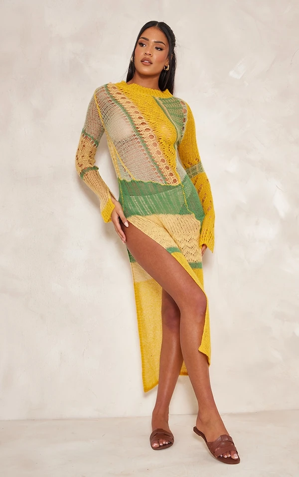 Tall Robe Longue Déchirée En Maille Tricot Ajourée Jaune à Fente Sur Le Côté 5 Tall Robe Longue Déchirée En Maille Tricot Ajourée Jaune à Fente Sur Le Côté – Image 3