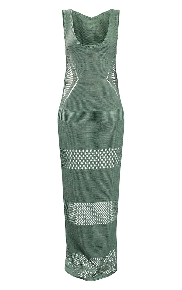 Tall Robe Longue En Crochet Vert Olive à Décolleté 7 Tall Robe Longue En Crochet Vert Olive à Décolleté – Image 5