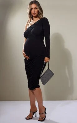 Maternité Robe De Grossesse Très Moulante Froncée En Acétate Noir à Détail Coutures