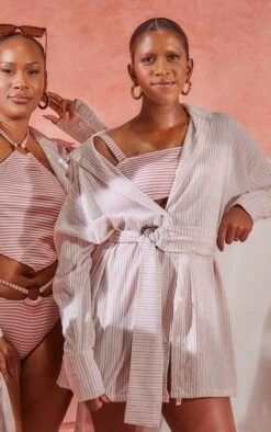 Robe Chemise De Plage Oversize Côtelée Argile à Rayures Et Taille Nouée