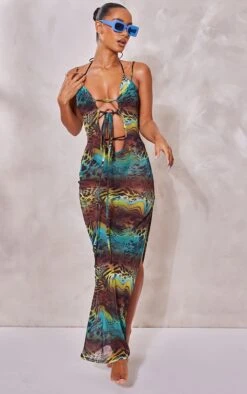 Robe De Plage En Mesh Vert Imprimé Tourbillons Et Animaux à Dos Nu Et Devant Croisé