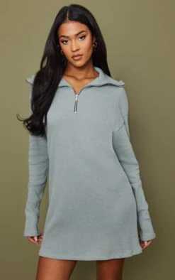 Tall Robe Pull Oversize Kaki Mousse Côtelée à Col Montant Et Demi Zip