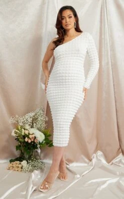 Maternité Robe De Grossesse Mi-longue Asymétrique Blanche En Maille Bulle Texturée