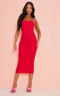 Tall Robe Mi-longue En Mesh Froncé Rouge