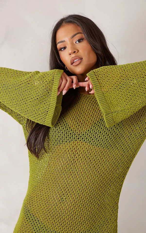 Tall Mini-robe En Maille Tricot Vert Olive à Manches Longues 6 Tall Mini-robe En Maille Tricot Vert Olive à Manches Longues – Image 4