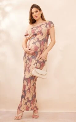 Logic Maternité Robe De Grossesse Longue Plissée Fleurie Marron à Col Bardot