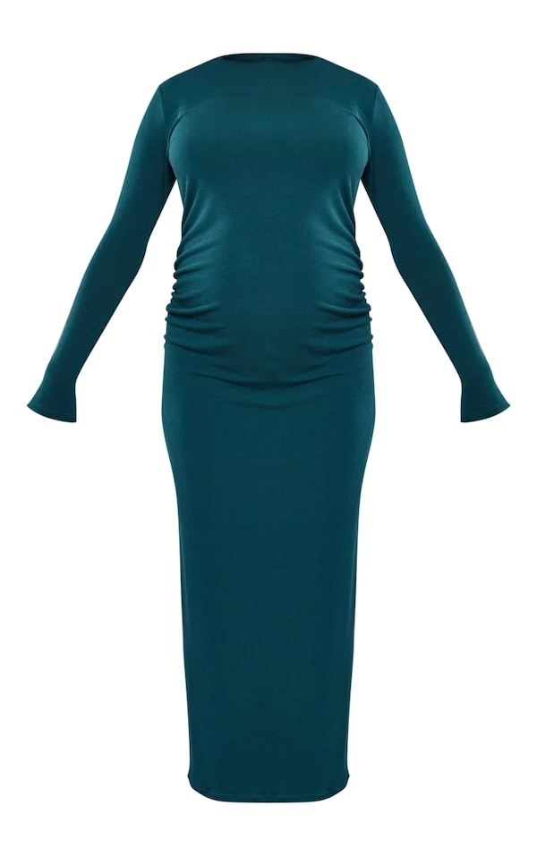 Maternité Robe Mi-longue De Grossesse Vert émeraude Froncée à Manches Longues 7 Maternité Robe Mi-longue De Grossesse Vert émeraude Froncée à Manches Longues – Image 5
