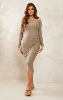 Maternité Robe De Grossesse Mi-longue Douce Taupe à épaules Dénudées