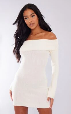 Tall Mini Robe Pull Crème à épaules Dénudées