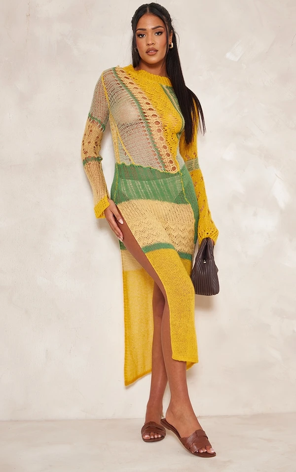 Tall Robe Longue Déchirée En Maille Tricot Ajourée Jaune à Fente Sur Le Côté 3 Tall Robe Longue Déchirée En Maille Tricot Ajourée Jaune à Fente Sur Le Côté
