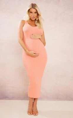 Maternité Robe De Grossesse Mi-longue Corail En Maille Tricot à Col En V