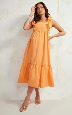 Maternité Robe Longue De Grossesse Orange Volantée Sans Manches