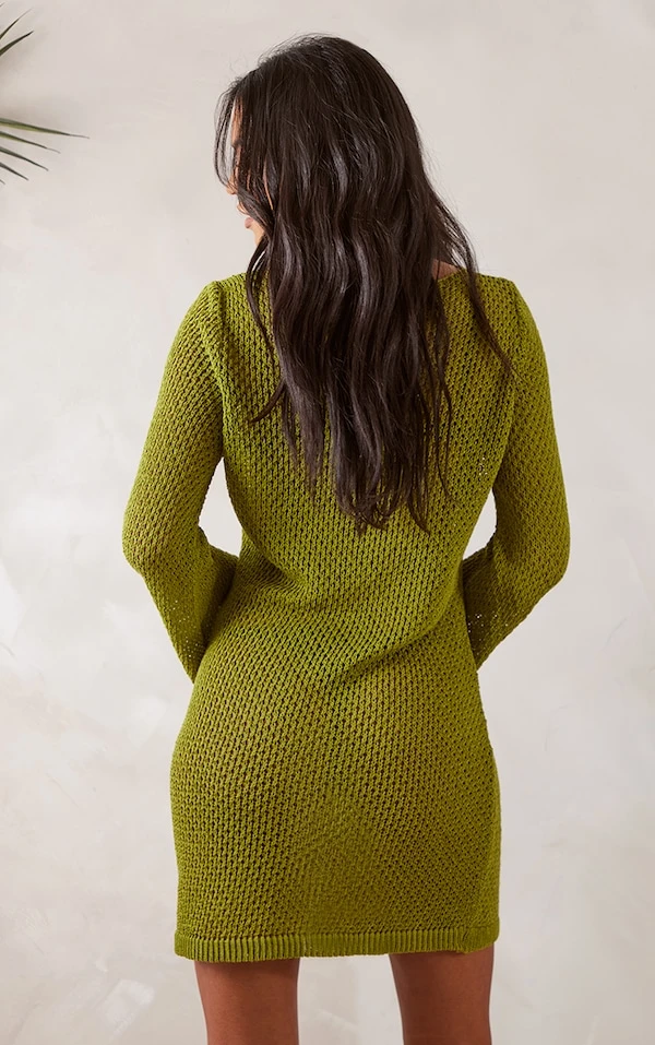 Tall Mini-robe En Maille Tricot Vert Olive à Manches Longues 4 Tall Mini-robe En Maille Tricot Vert Olive à Manches Longues – Image 2