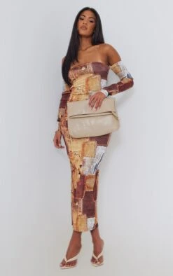 Tall Robe Mi-longue Marron à Imprimé Jean Et épaules Dénudées