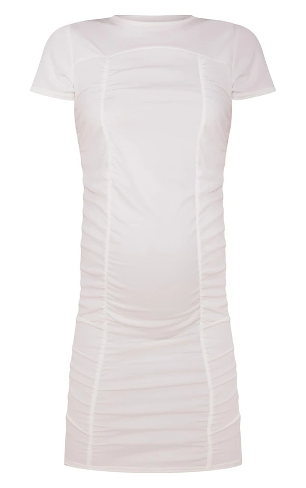 Maternité Robe De Grossesse T-shirt Moulante Crème Froncée 7 Maternité Robe De Grossesse T-shirt Moulante Crème Froncée – Image 5