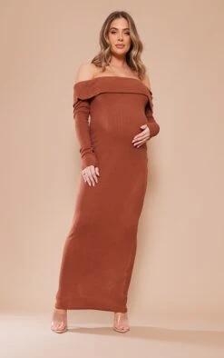 Maternité Robe Longue De Grossesse Chocolat Côtelée Brossée à épaules Dénudées
