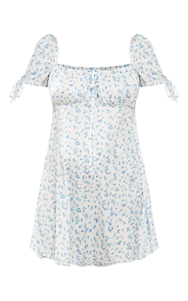 Maternité Robe De Grossesse Courte Bleue à Manches Courtes Et Petites Fleurs 7 Maternité Robe De Grossesse Courte Bleue à Manches Courtes Et Petites Fleurs – Image 5