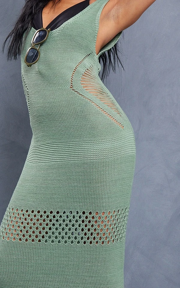 Tall Robe Longue En Crochet Vert Olive à Décolleté 6 Tall Robe Longue En Crochet Vert Olive à Décolleté – Image 4