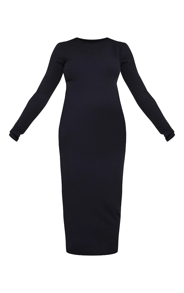 Maternité Robe De Grossesse Mi-longue Côtelée Noire à Manches Longues 7 Maternité Robe De Grossesse Mi-longue Côtelée Noire à Manches Longues – Image 5