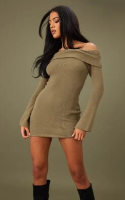 Tall Mini Robe Pull Kaki à épaules Dénudées