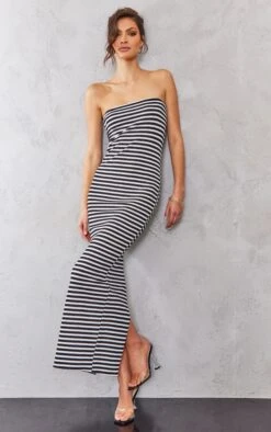 Tall Robe Longue Bustier Noire à Rayures